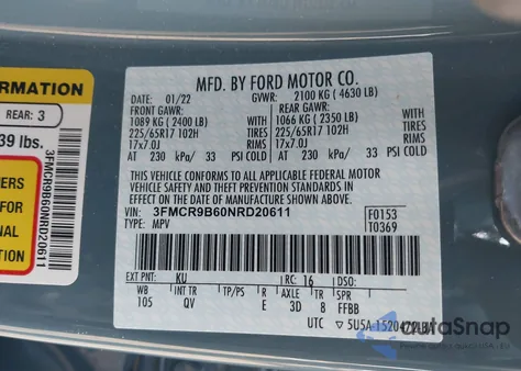 2022 Ford Bronco Sport Big Bend z USA, uszkodzony, nr VIN 3FMCR9B60NRD20611